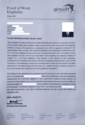 Example of a fraudulent work eligibility document falsely using Airswift branding and employment assessment details to support a fake job offer.