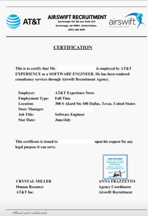 Example of a fraudulent employment certification document that falsely uses Airswift and AT&T branding to appear legitimate and mislead job seekers.