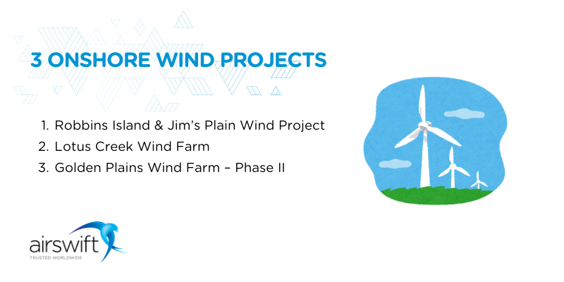 Graphic highlighting three onshore wind projects in Australia, featuring key developments supporting renewable energy generation through large-scale wind power.