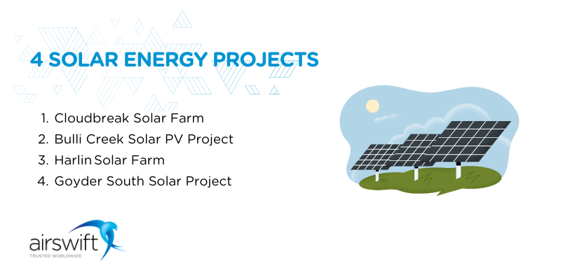 Graphic presenting four solar energy projects in Australia, illustrating utility-scale solar farms contributing to the country’s renewable energy transition.