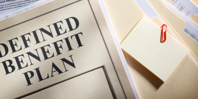 Image shows a folder with the words "defined benefits plan" on the cover