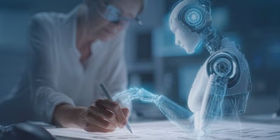 A woman works at a desk, writing with a stylus on a tablet. Beside her, a semi-transparent humanoid robot appears to assist, conveying collaboration.