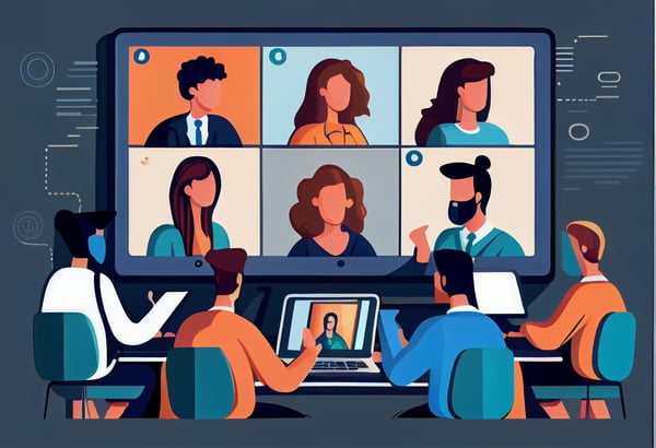 An abstract depiction of multiple people sat around a table on a video call with multiple other people displayed on a screen