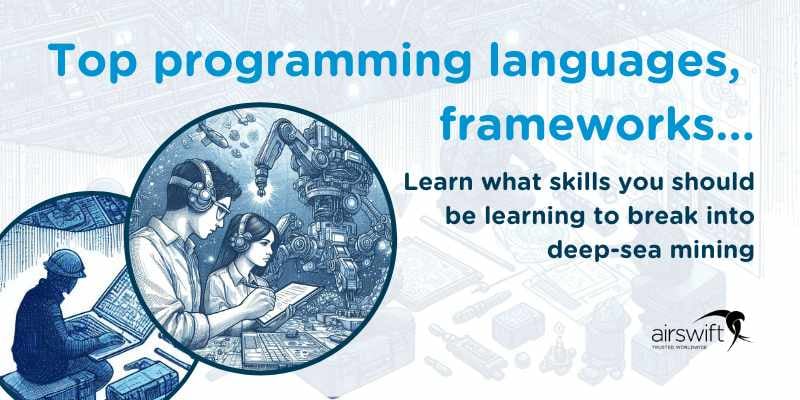 An informative graphic with the headline Top programming languages, frameworks... faturing three individuals wearing reviewing code
