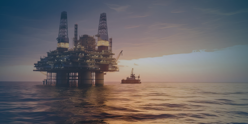 An offshore drilling platform with an FLNG facility in the background