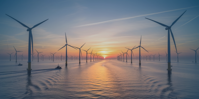 An offshore wind farm with windmills arranged in rows