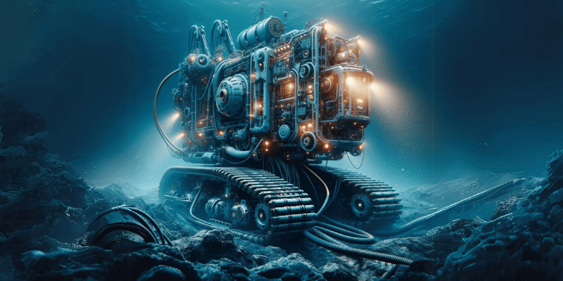An underwater autonomous mining vehicle is illuminated by built-in lights on the ocean floor.