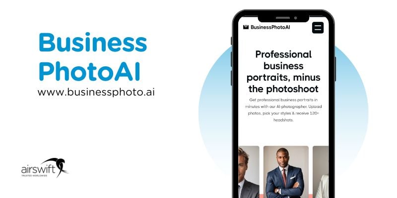 BusinessPhotoAI site on phone, AI-generated professional portraits