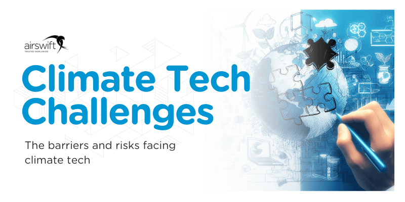 Climate Tech Challenges graphic with puzzle globe and barriers imagery