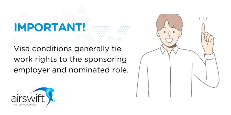 Visa conditions generally tie work rights to the sponsoring employer and nominated role.
