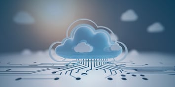 Graphic showing cloud computing elements, including clouds and data streams, emphasising the role of cloud managed data center services.