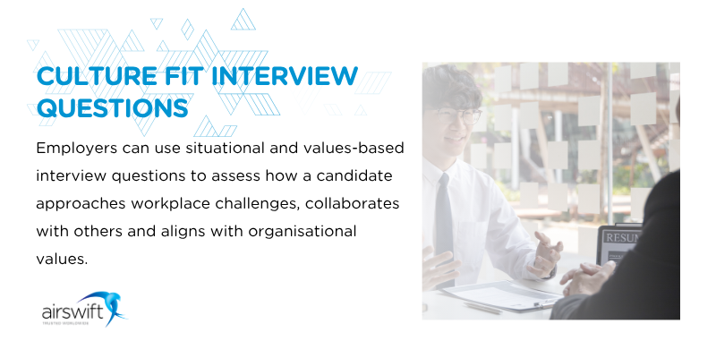 Culture fit interview questions infographic showing a candidate interview and explaining how employers assess values, teamwork and workplace behaviours with Airswift logo