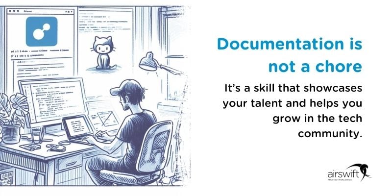 Developer writing documentation amid tech icons, suggesting skill development