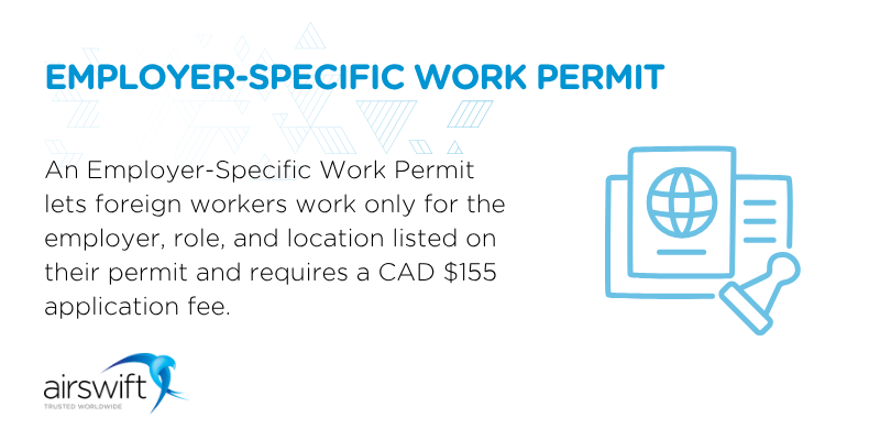 An Employer-Specific Work Permit lets foreign workers work only for the employer, role, and location listed on their permit and requires a CAD $155 application fee.