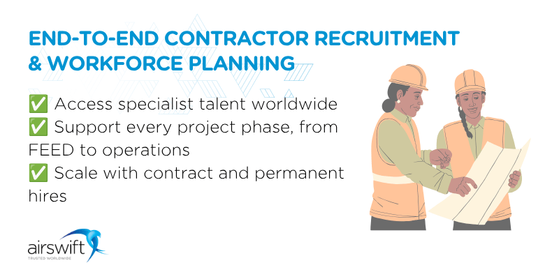 An end-to-end contractor recruitment and workforce planning include access to specialist talent worldwide.