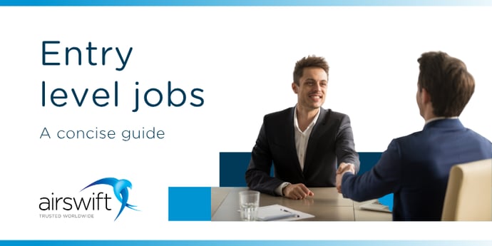 Entry level jobs guide visual showing two professionals shaking hands in an interview setting with Airswift logo