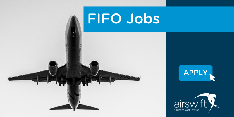 FIFO jobs advertisement with aeroplane flying overhead promoting fly-in fly-out opportunities with Airswift
