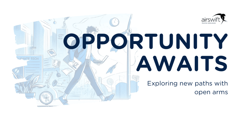 Figure entering door, Opportunity Awaits theme