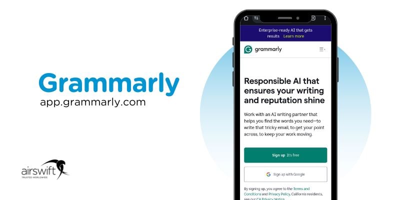 Grammarlys mobile site, AI enhancing writing and reputation