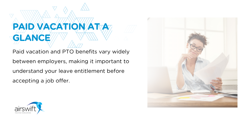 Graphic explaining paid vacation and PTO benefits, featuring a female professional reviewing documents and information about leave entitlements before accepting a job offer with Airswift logo.