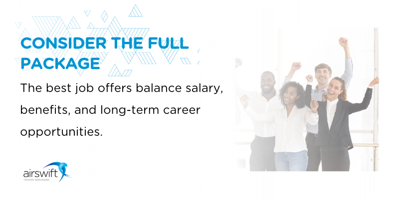 Graphic highlighting key factors for evaluating a salary, including market rates, benefits, working hours, career progression, and total compensation and airswift logo