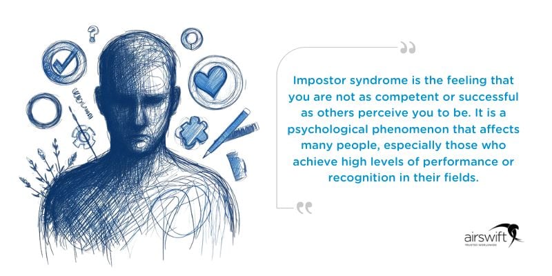 Graphic with a man surrounded by symbols of love, questions, and achievement, with text explaining imposter syndrome