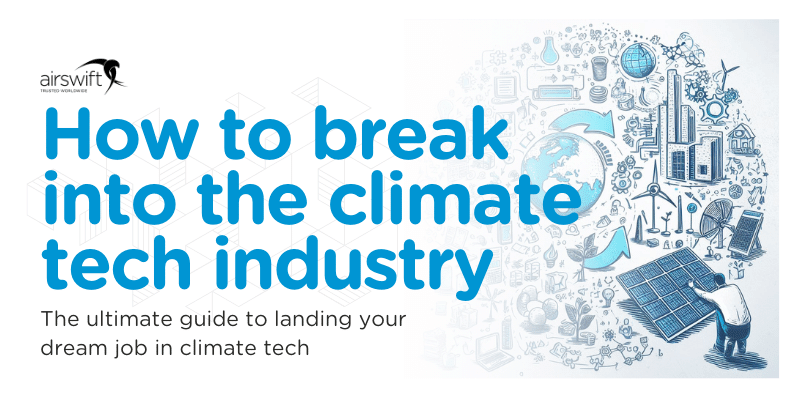 Guide to Breaking into climate tech industry with job and green energy icons