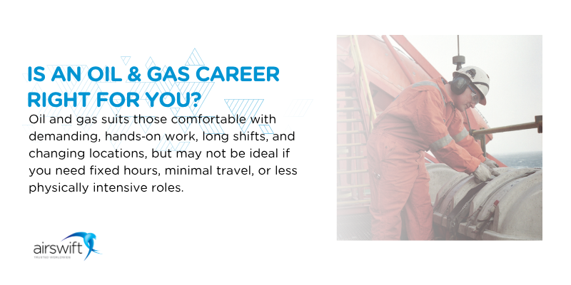Oil and gas career suitability guide showing offshore worker and explaining role demands, long shifts and travel requirements