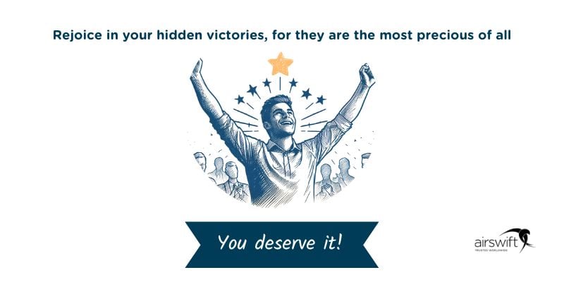 Illustration of a man celebrating with a star above his head and text encouraging rejoicing in ones hidden victories