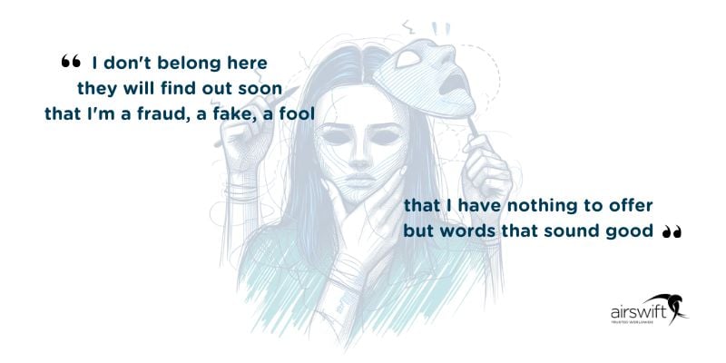 Illustration of a woman holding a mask with a quote about feeling like a fraud and only offering words that sound good