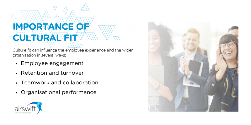 Importance of cultural fit guide featuring a diverse workplace team and key benefits including employee engagement, retention, collaboration and organisational performance with Airswift logo