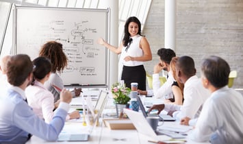 Professional woman presenting on a whiteboard to a group of people in a meeting room