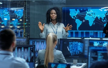 Featured image showing professionals in a technology control room reviewing data on digital displays, highlighting women's roles in engineering.