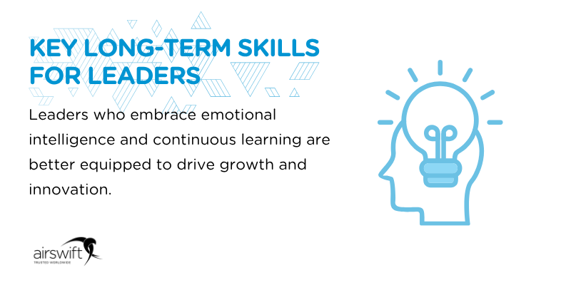 Graphic illustrating key long-term skills for leaders, including emotional intelligence and continuous learning.