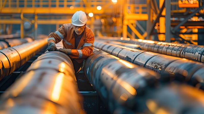 Male Worker Inspection at Steel Long Pipes and Pipe Elbow in Station Oil Factory during Refinery Valve of Visual Check Record Pipeline Oil and Gas Industry