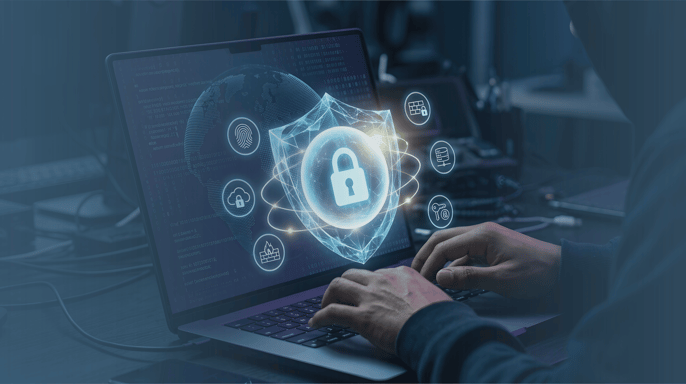 Man in hooded sweater typing on a laptop with graphics of security locks, finger prints, cloud and security features