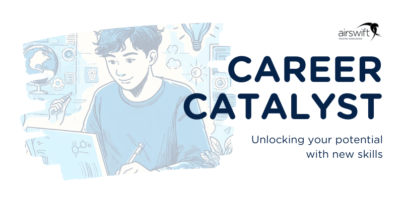 Man with tablet and tech icons for Career Catalyst