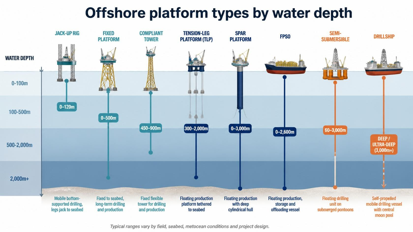 Offshore platform types by water depth Offshore platform types by water depth