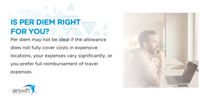Per diem decision-making infographic featuring a professional seated at a laptop, representing the evaluation of travel expenses, allowances and reimbursement options with Airswift branding#