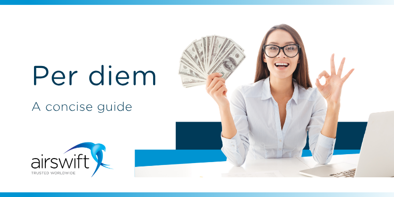 Per diem graphic featuring a professional lady holding cash beside a laptop illustrating daily allowances and travel expenses with Airswift logo