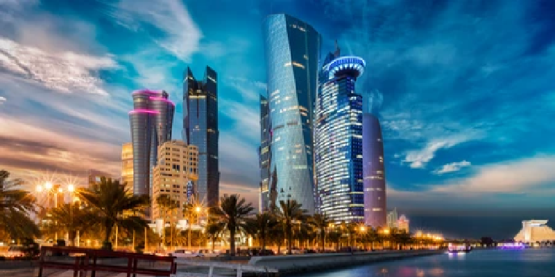 Photo shows the skyline of Doha city centre in Qatar after sunset