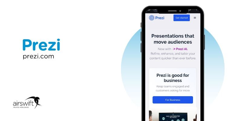 Prezis website on a smartphone, engaging presentations with AI