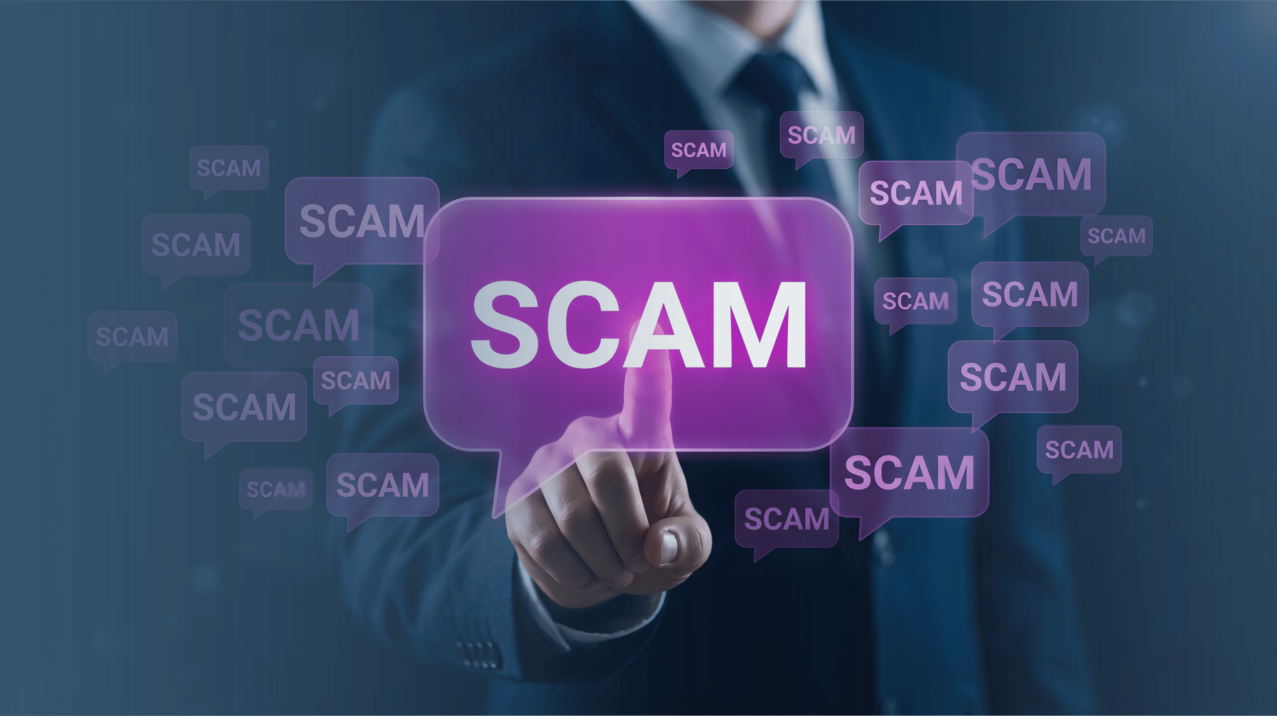 Purple speech bubbles with the word scam in all caps and a person in a suit pointing at one of the speech bubbles