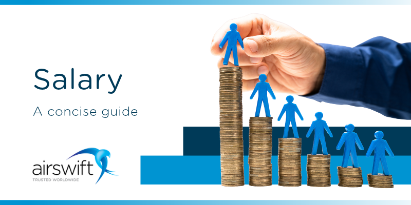 Salary levels shown by stacks of coins and figures, with a hand placing a figure on the highest stack, representing salary growth and earnings and airswift logo