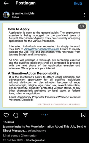 Screenshot of a Instagram post advertising job opportunities while directing applicants to submit CVs to an unofficial email address falsely claiming to represent Airswift.