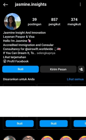 Screenshot of a Instagram profile falsely associating itself with Airswift and claiming to offer passport, visa, and immigration-related services.