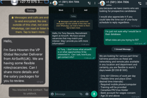 Examples of fraudulent recruitment messages sent through WhatsApp by individuals falsely claiming to represent Airswift and offering job opportunities.