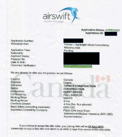 Example of a fraudulent job offer letter falsely using Airswift branding and recruitment details to appear legitimate.