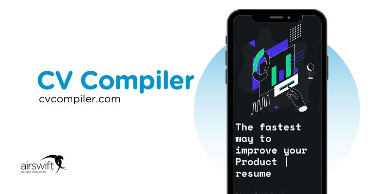 Smartphone showing CV Compiler website, quick resume improvement