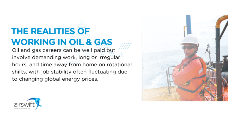 Realities of working in oil and gas graphic showing offshore platform worker and highlighting long hours, travel and job stability